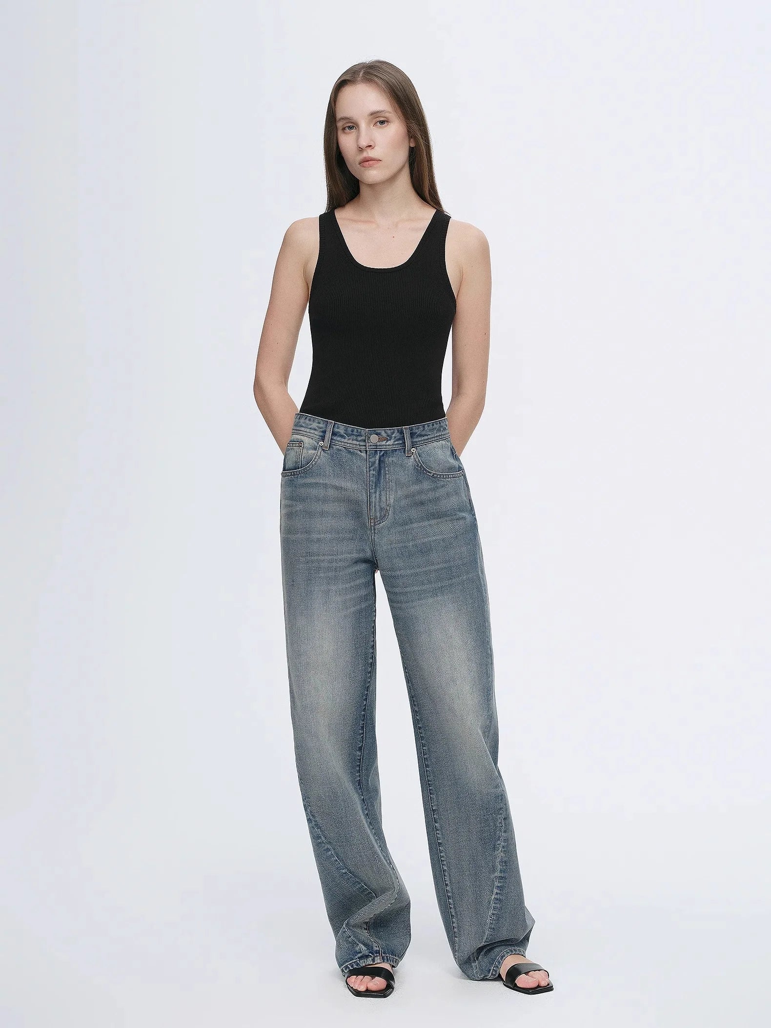 Vintage Heavy Cotton Polyester Blended Washed Comfortable Slim Front Curved Jeans