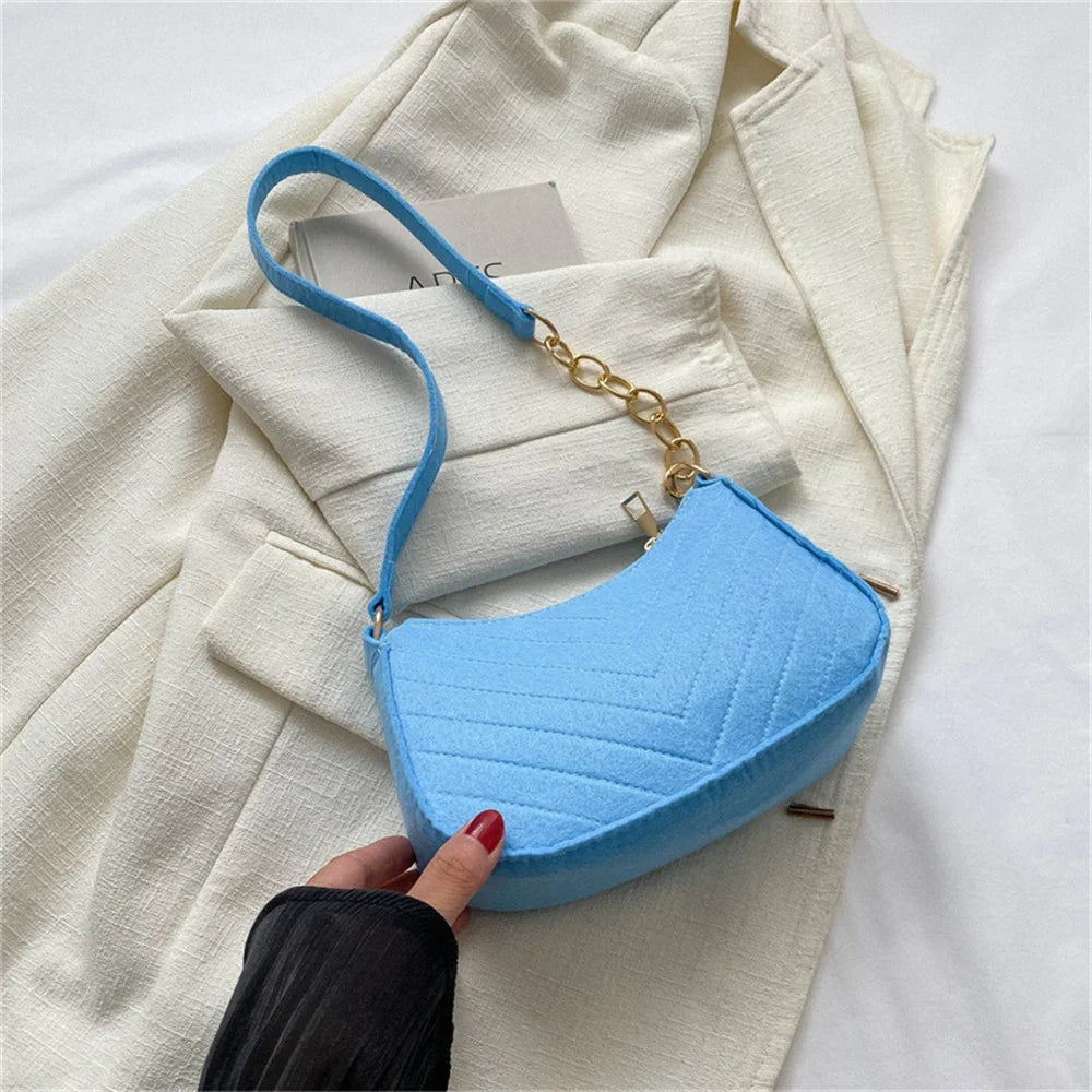 Felt Mini Shoulder Bag Women Fashion Solid Color Casual Handbags with Chain Shoulder Pouch Simple Light Weigh Underarm Bag