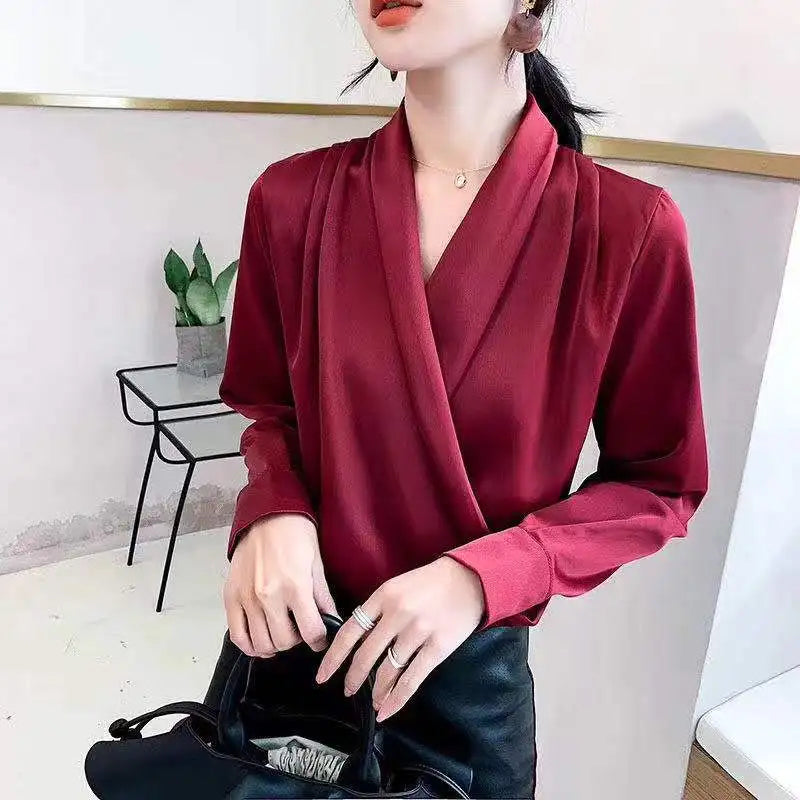 Autumn Spring French Silk Satin Shirts Women Sexy V-Neck Long Sleeve Fashion Women Shirt Lady Office Blouses Female Loose 2022