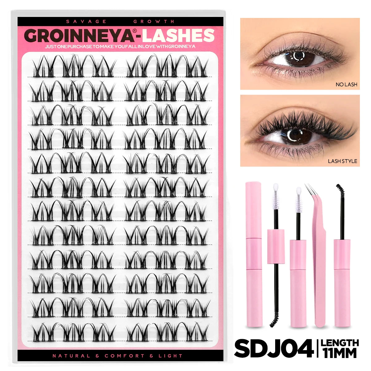 Cat Eyelashes Clusters Kit Winged End Eye Elongated DIY Lash Extension Kit Lash Bond & Seal & Eyelash Tweezers Fox Eye