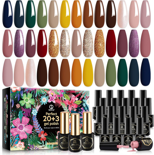 20 Colors Gel Nail Polish Kit, 2024 Nude Pink Brown Glitter Nail Polish Soak off Burgundy Red Blue Green Gold Gel Polish Set with Glossy Matte Top Base Coat Nail Art Manicure DIY Salon Gifts