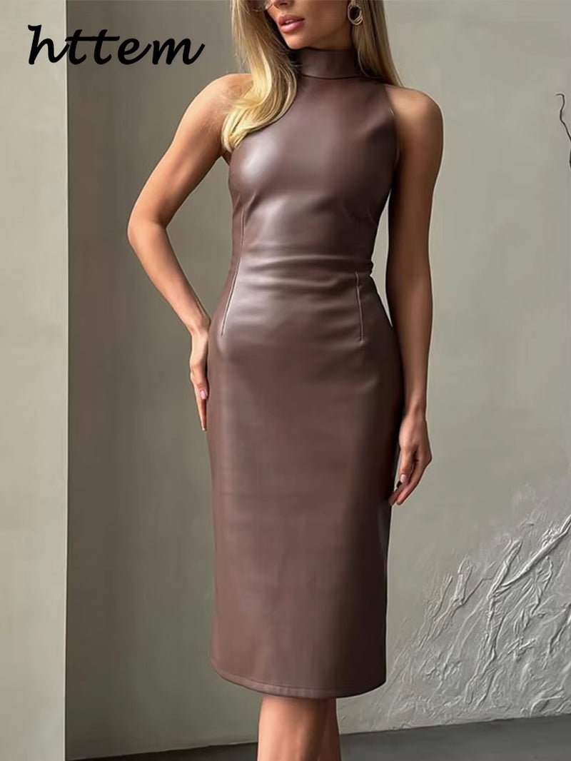 Vintage Midi Leather Dress Women Slim Turtleneck Sleeveless Hip Package Female Dresses 2025 Autumn Lady Elegant Party Vestidos