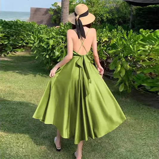 Backless Bow Satin White Dresses for Women Long Vacation Beach Summer Dress 2025