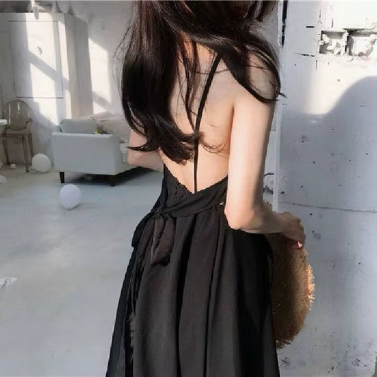 Fashion Spaghetti Strap Backless Dress for Women Summer Simple Solid Color A-Line Slim Long Dresses 2021 New Ladies Clothes