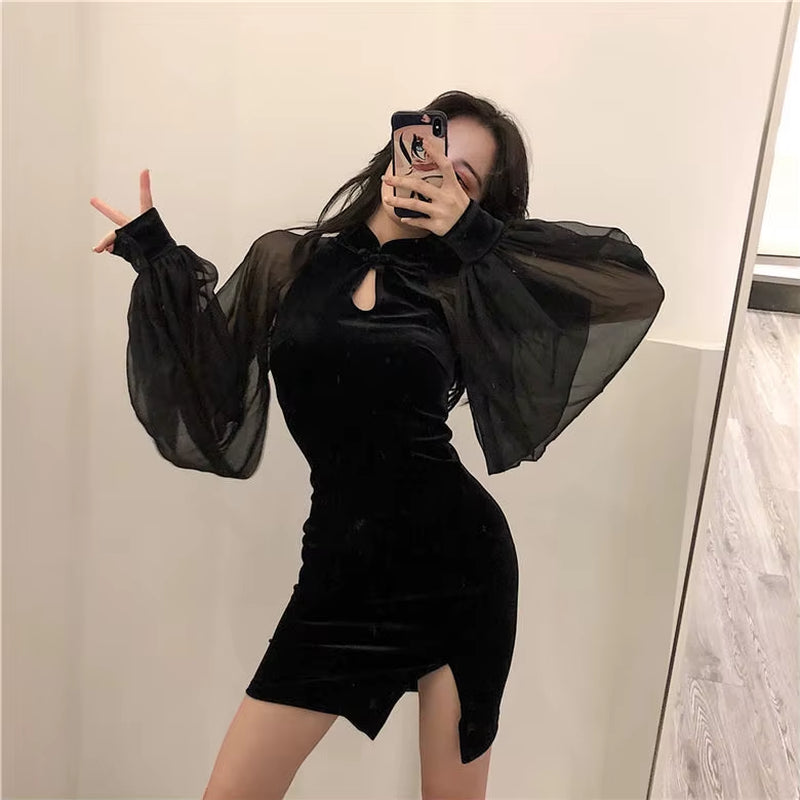 Black Slit Dress Women'S Clothing Retro Patchwork Velvet Lantern Sleeve Dress Sexy Woman Dresses Vestido De Mujer Femme Robe