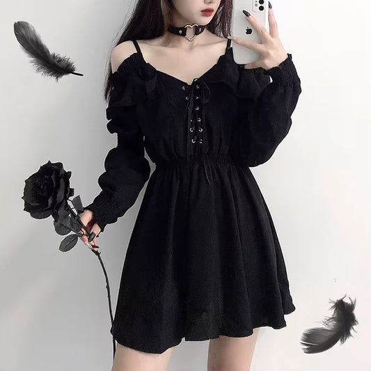 Women Dress M-4XL Lace up Black Autumn 2024 Sexy High Waist Femme Dresses off Shoulder Long Sleeve Gothic Clothes