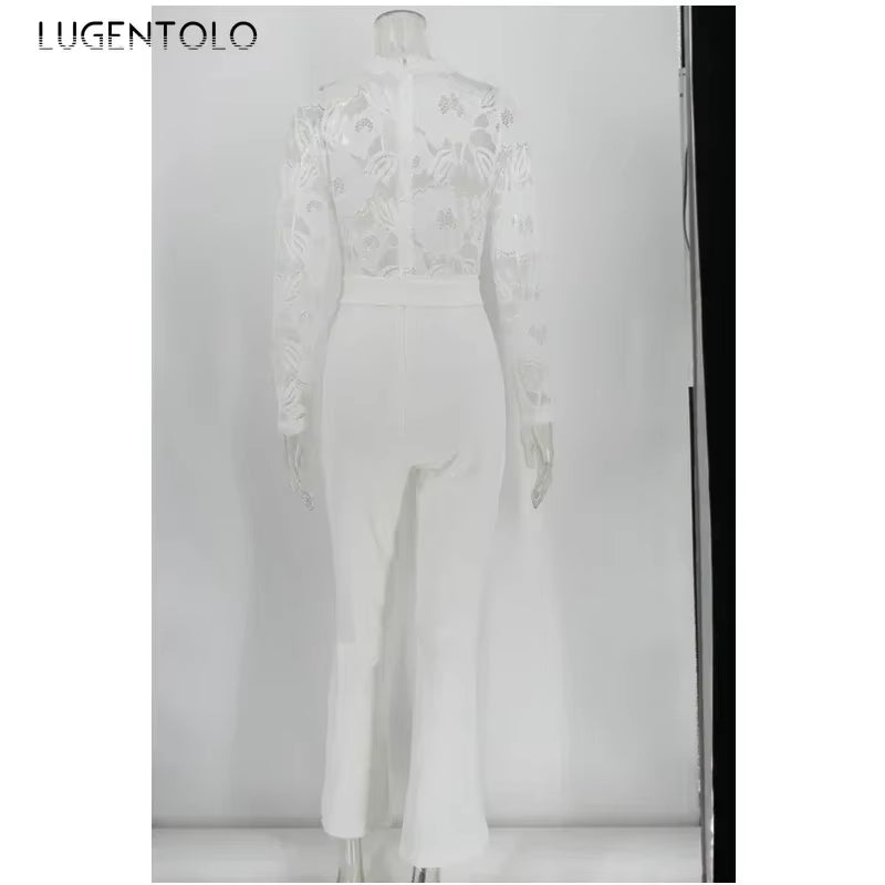 Women White Jumpsuit Lace Stitching Long Sleeve V-Neck Large Size Wide Leg Pants Office Lady Jumpsuits for Woman