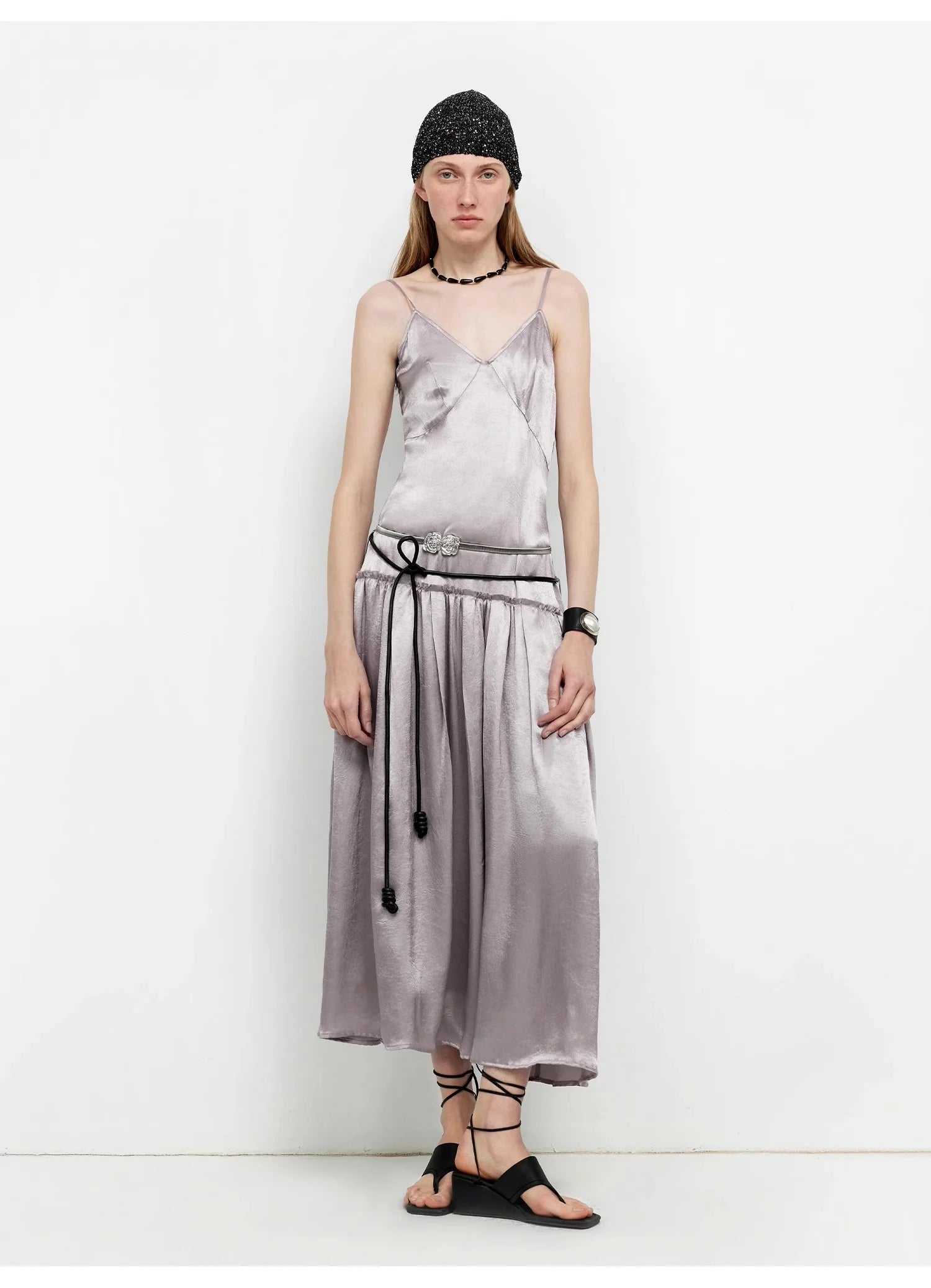 Luxurious and Light, Glossy and Silky 100% Acetate Low-Waisted Long Suspender Dress "Girls' Letterhead"