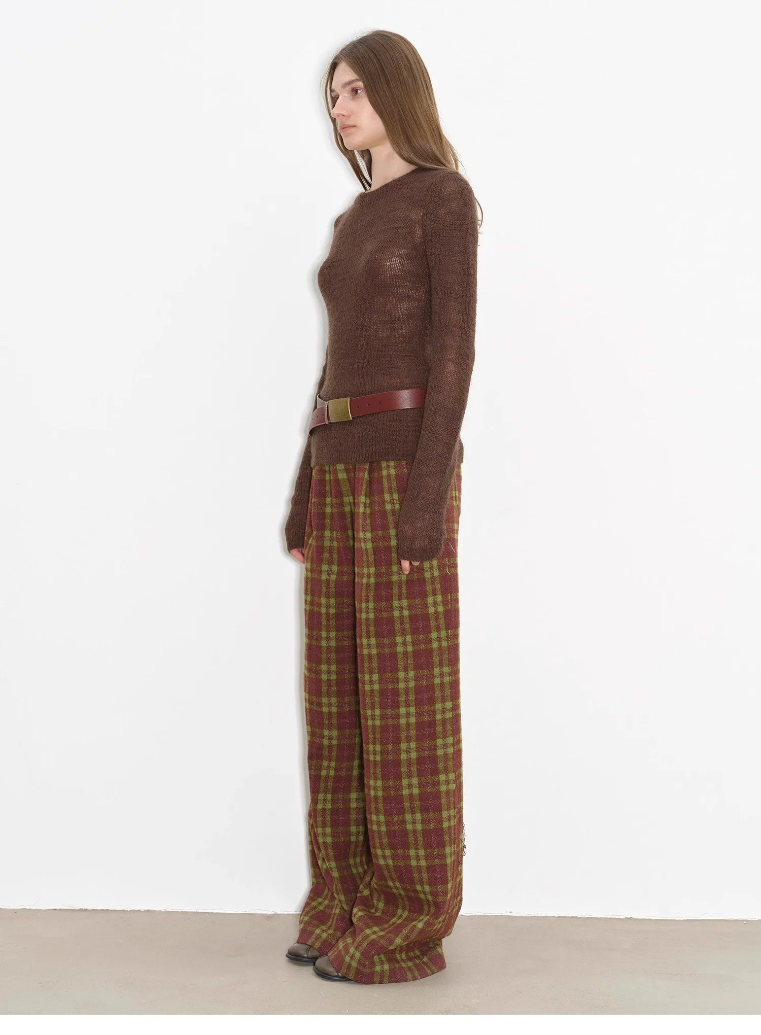 "Vintage Opportunity" High-Proportion Merino Wool Single Pleated Plaid Tweed Low-Rise Wide-Leg Casual Pants