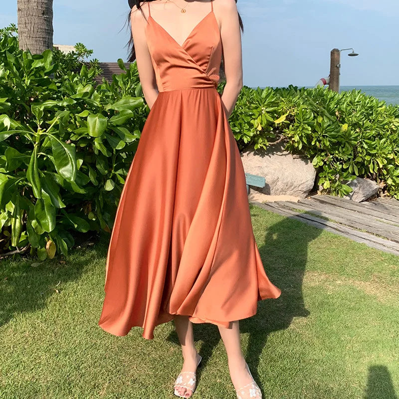 Backless Bow Satin White Dresses for Women Long Vacation Beach Summer Dress 2025