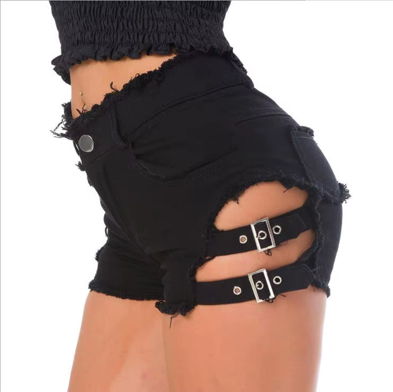2025 Sexy Low Waist Bandage Denim Ripped Hole Short Jeans Women Mini Skinny Sexy Club DJ Dance Shorts New White Blue Black