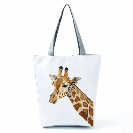 Giraffe Animal Printed Fashion Women Shoulder Bag Cartoon Eco Friendly Portable Shopping Handbags High Capacity Practical Tote