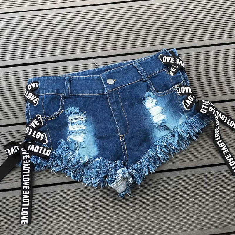 2025 Sexy Low Waist Bandage Denim Ripped Hole Short Jeans Women Mini Skinny Sexy Club DJ Dance Shorts New White Blue Black