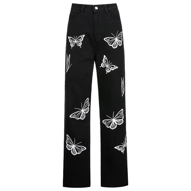Black Baggy Jeans Women Butterfly Print Aesthetic Denim Pants Fashion High Waist Straight Long Trousers Ladies Streetwear 2021