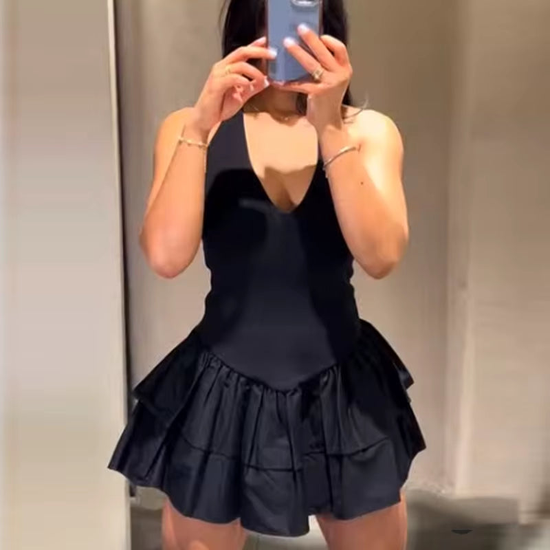 off Shoulder Women'S Dress Halter Solid Short Dresses 2025 Woman V Neck Layered Mini Dress Backless Party Dress for Women