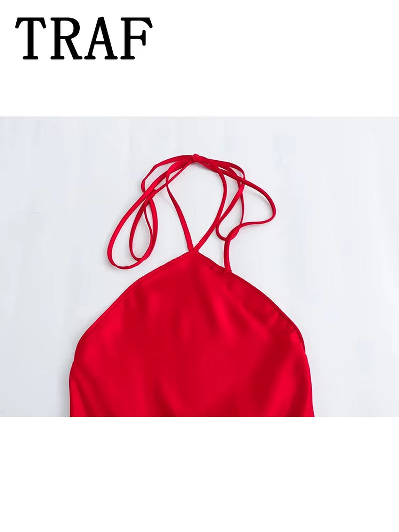 2024 Halter Long Dresses for Women Backless Satin Dress Woman off Shoulder Sexy Midi Dresses Elegant Evening Party Dress