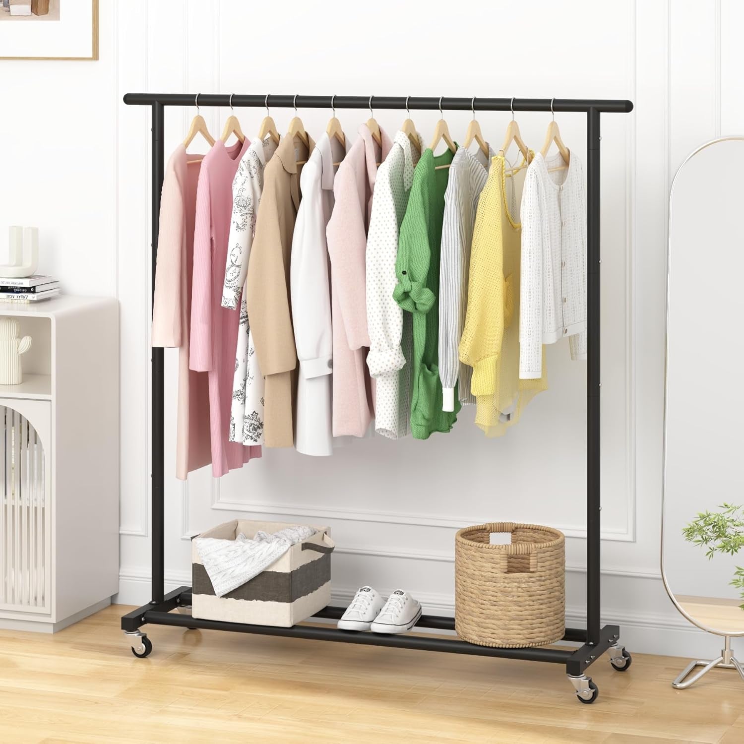 Clothing Rack Clothes Rack Standard Rod Simple Rolling Metal Garment Rack Organizer Freestanding Hanger with Wheels,Black