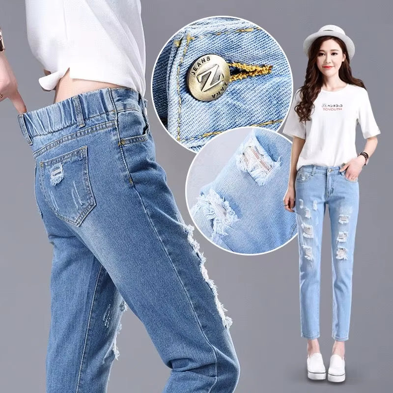 Broken Jeans Women'S Elastic Waist Loose Waist Joker Harlan Pants