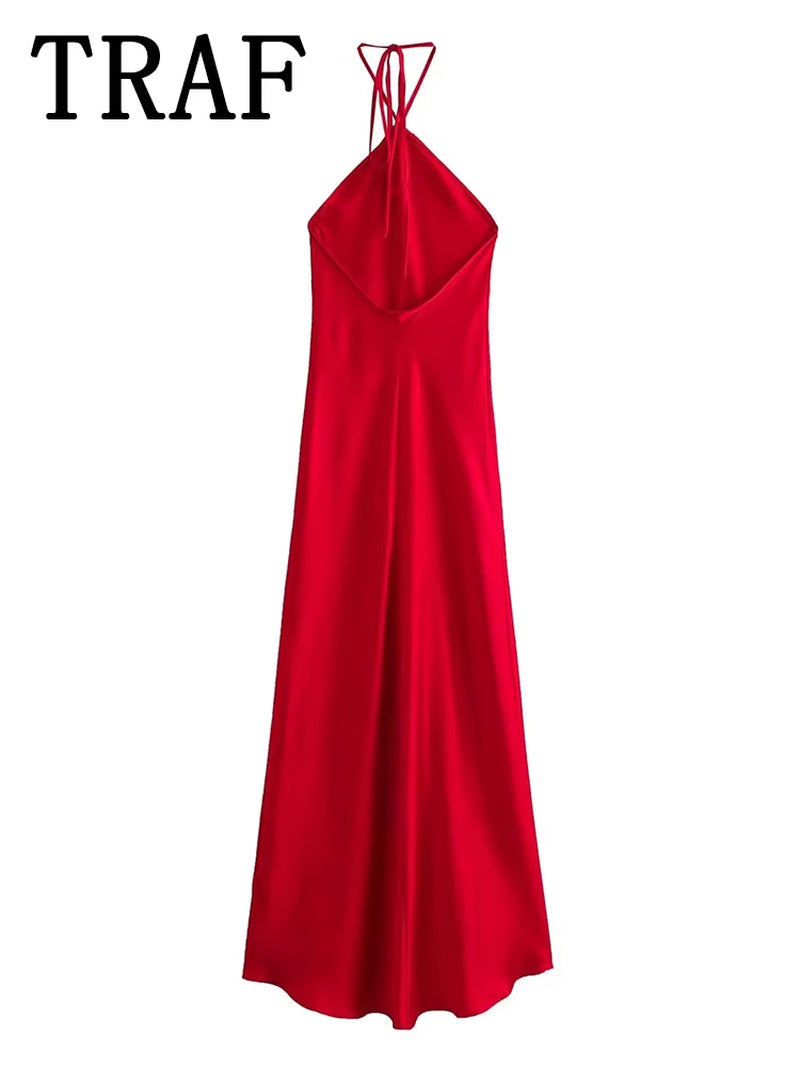 2024 Halter Long Dresses for Women Backless Satin Dress Woman off Shoulder Sexy Midi Dresses Elegant Evening Party Dress
