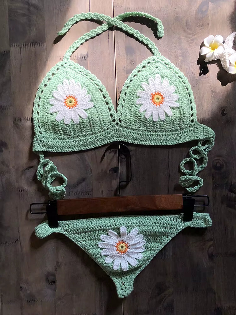 2019 New Fashion Beach Bikini Set Knitting Swimsuit Crochet Bohemia Style off Shoulder Bathing Handmade Sexy Bikini