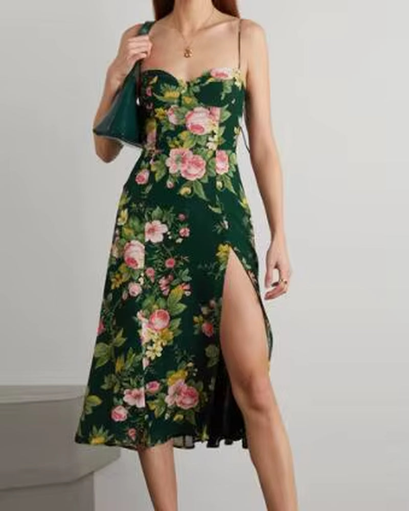 2025 Elegant Adjusts Blue Leopard Print Dress Elastic Bust Side Split Dress Party Midi Dresses