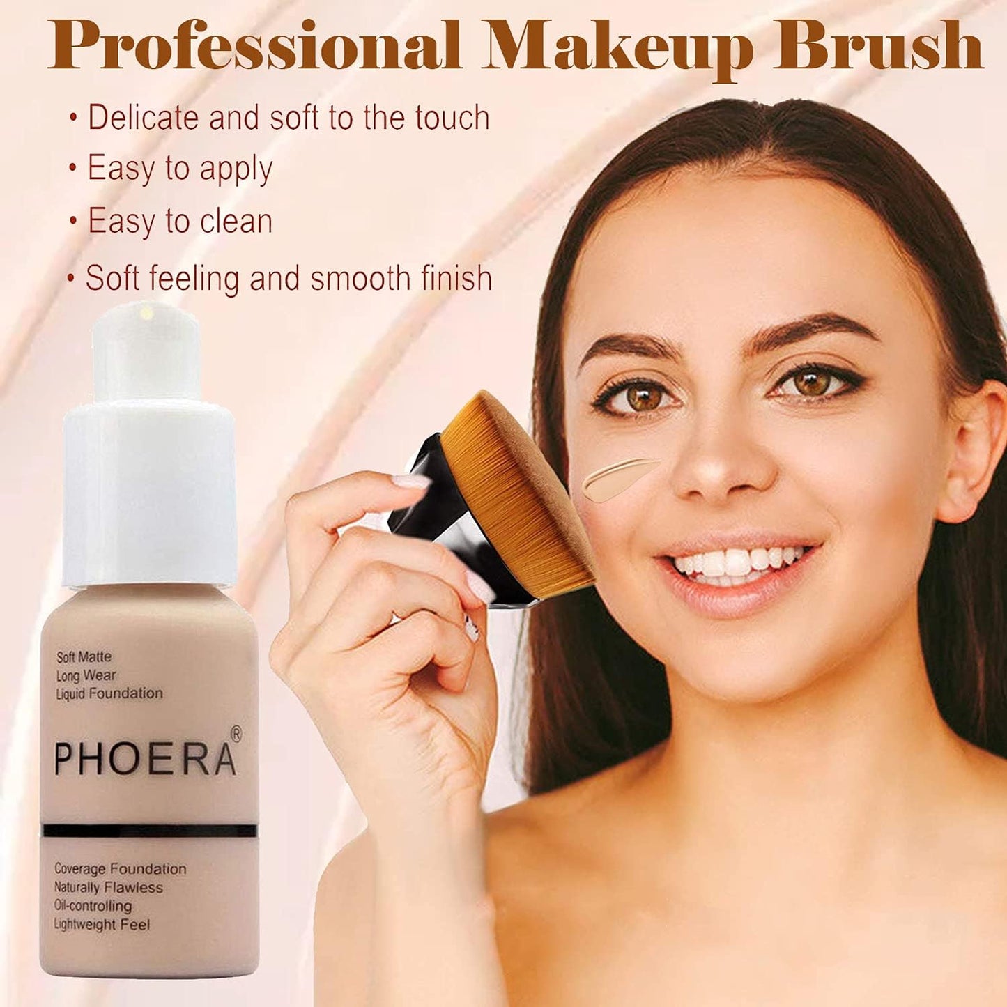 2 Pcs Liquid Foundation Full Coverage 24HR 30Ml Matte Oil Control Foundation Makeup Concealer (Buff Beige & Sand) with Kabuki Foundation Brush Flat Top