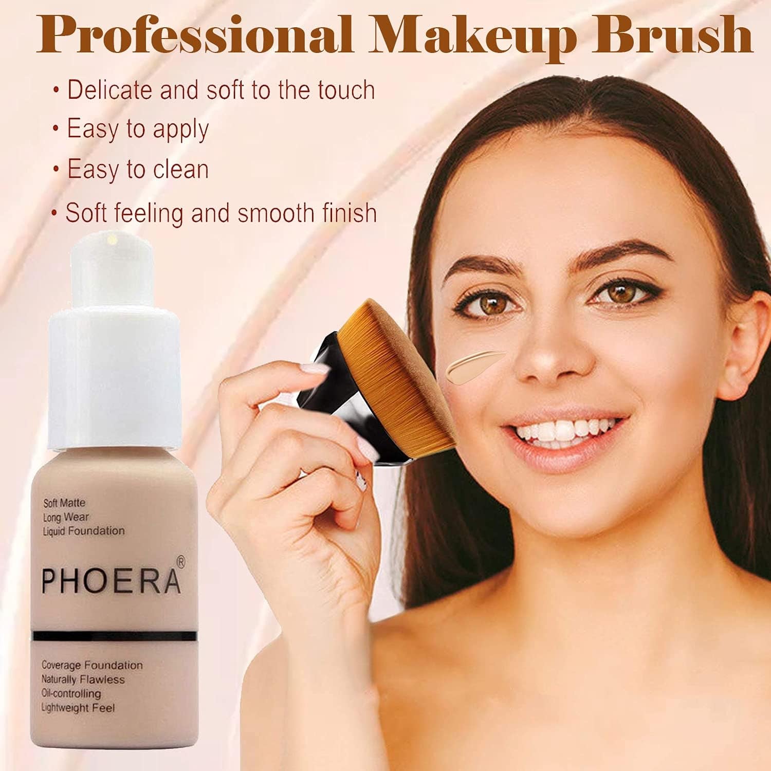 2 Pcs Liquid Foundation Full Coverage 24HR 30Ml Matte Oil Control Foundation Makeup Concealer (Buff Beige & Sand) with Kabuki Foundation Brush Flat Top