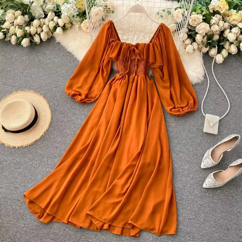 Chic Elegant Square Collar Maxi Dress Women Solid Chiffon Puff Sleeve Dresses 2025 Beach Party Robe Vintage Ruffle Vestidos Y2K