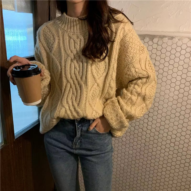Pullovers Women Ins Preppy Loose Long Sleeve Retro Ladies Twisted Sweater All-Match Holiday Daily Sweet Femme Christmas Knitwear