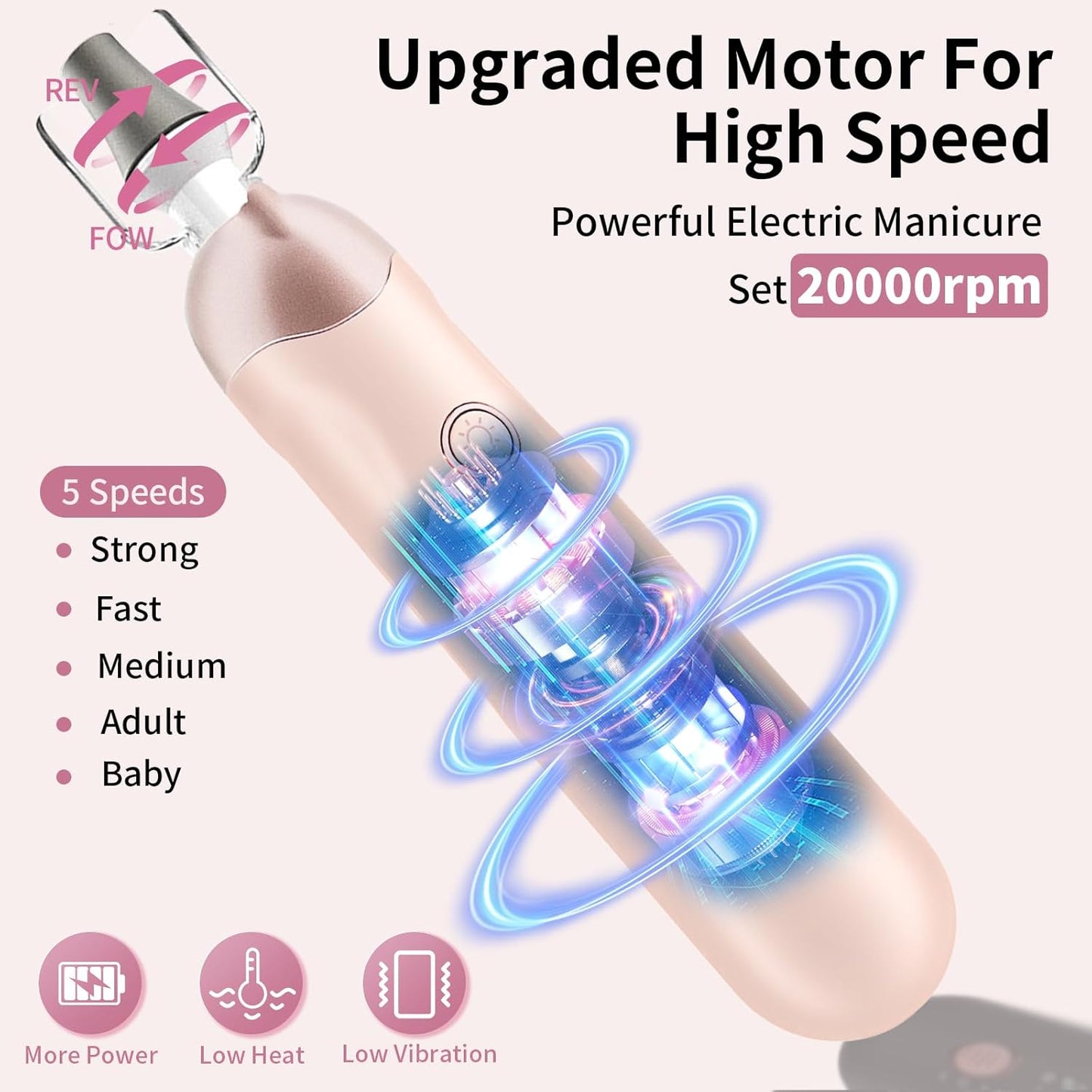 Professional Manicure Pedicure Kit, Cordless Electric Nail File Set, Rechargeable Pedicure Tools for Feet, 5 Speeds Hand Foot Care Nail Drill for Thick Nail Toenail Cuticle Women Men Baby Pets-Rose