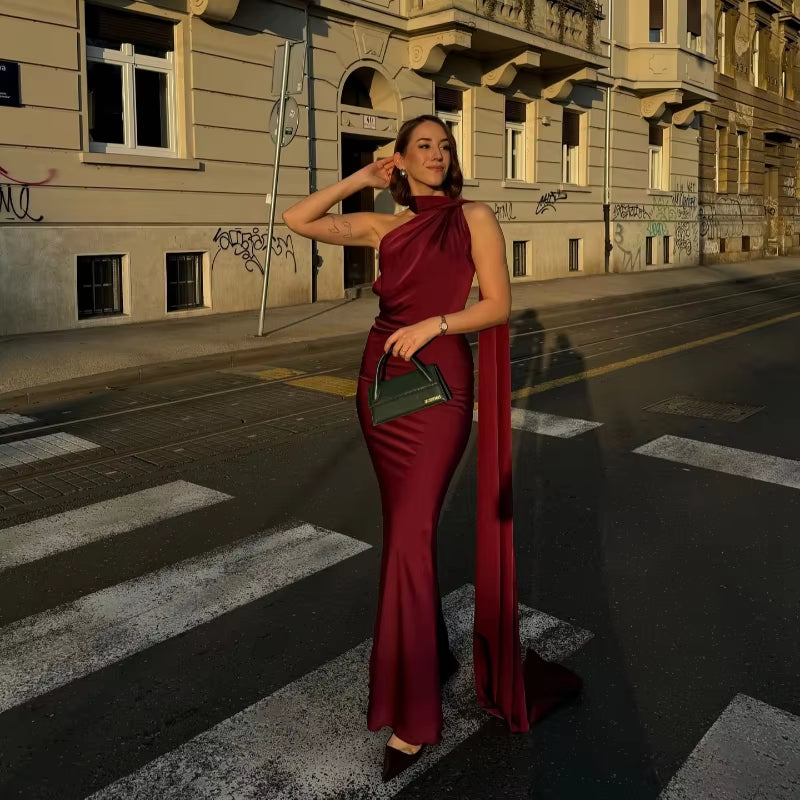 Elegant Ribbon Satin Long Party Dress Women Solid Sleeveless Backless Female Dresses 2025 Spring Summer Lady Chic Evening Gowns