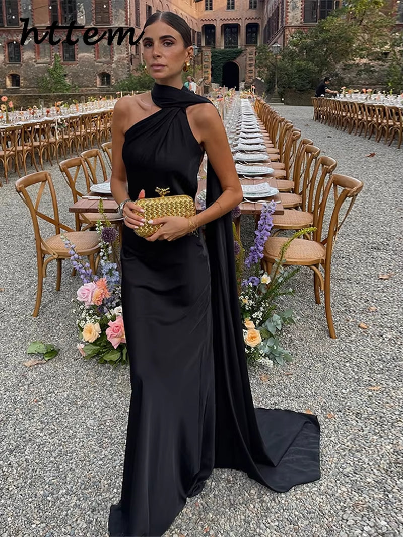 Elegant Ribbon Satin Long Party Dress Women Solid Sleeveless Backless Female Dresses 2025 Spring Summer Lady Chic Evening Gowns