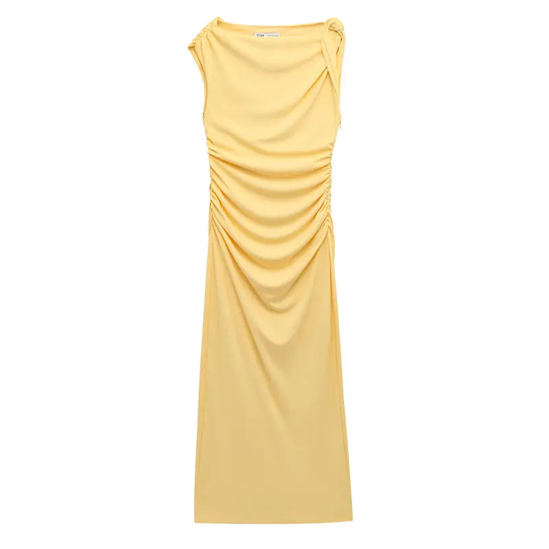 Elegant Dress for Women Yellow Asymmetric Sleeveless Pleated Long Dresses Woman 2025 Summer Vintage Party Evening Dress