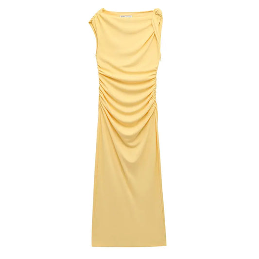 Elegant Dress for Women Yellow Asymmetric Sleeveless Pleated Long Dresses Woman 2025 Summer Vintage Party Evening Dress