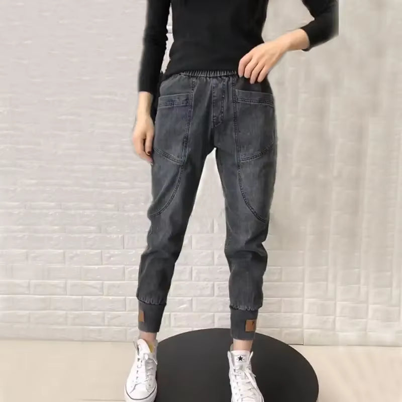 Woman Jeans Pants Denim Women'S Elastic High Waist Loose Radish Ankle-Tied Baggy Pants Casual Pants Pantalones Vaqueros Mujer