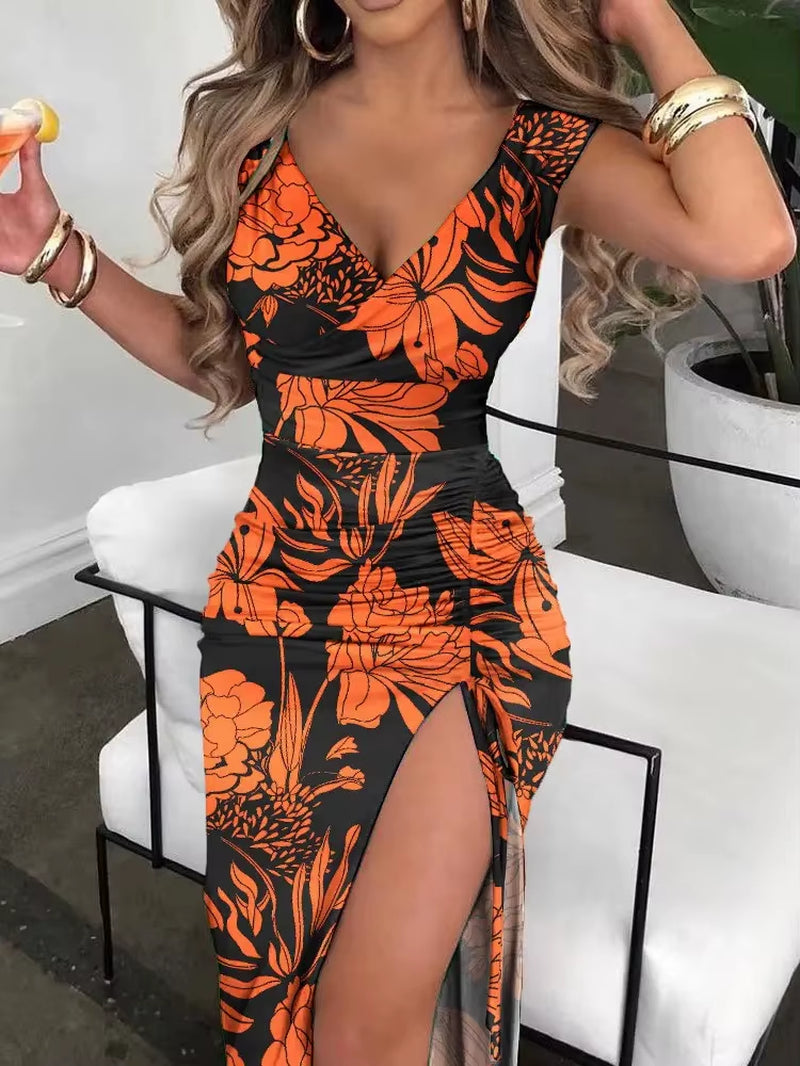 Elegant Women's High Split V-Neck Dress for Spring 2025 - Slim Fit Sleeveless Casual Office Attire