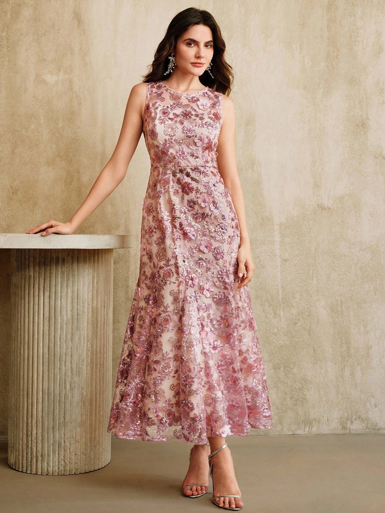 Anewsta Elegant Champagne Floral Embroidered Mesh Sleeveless Dress, Glamorous Resort Wear for Women, Spring/Summer Outfits