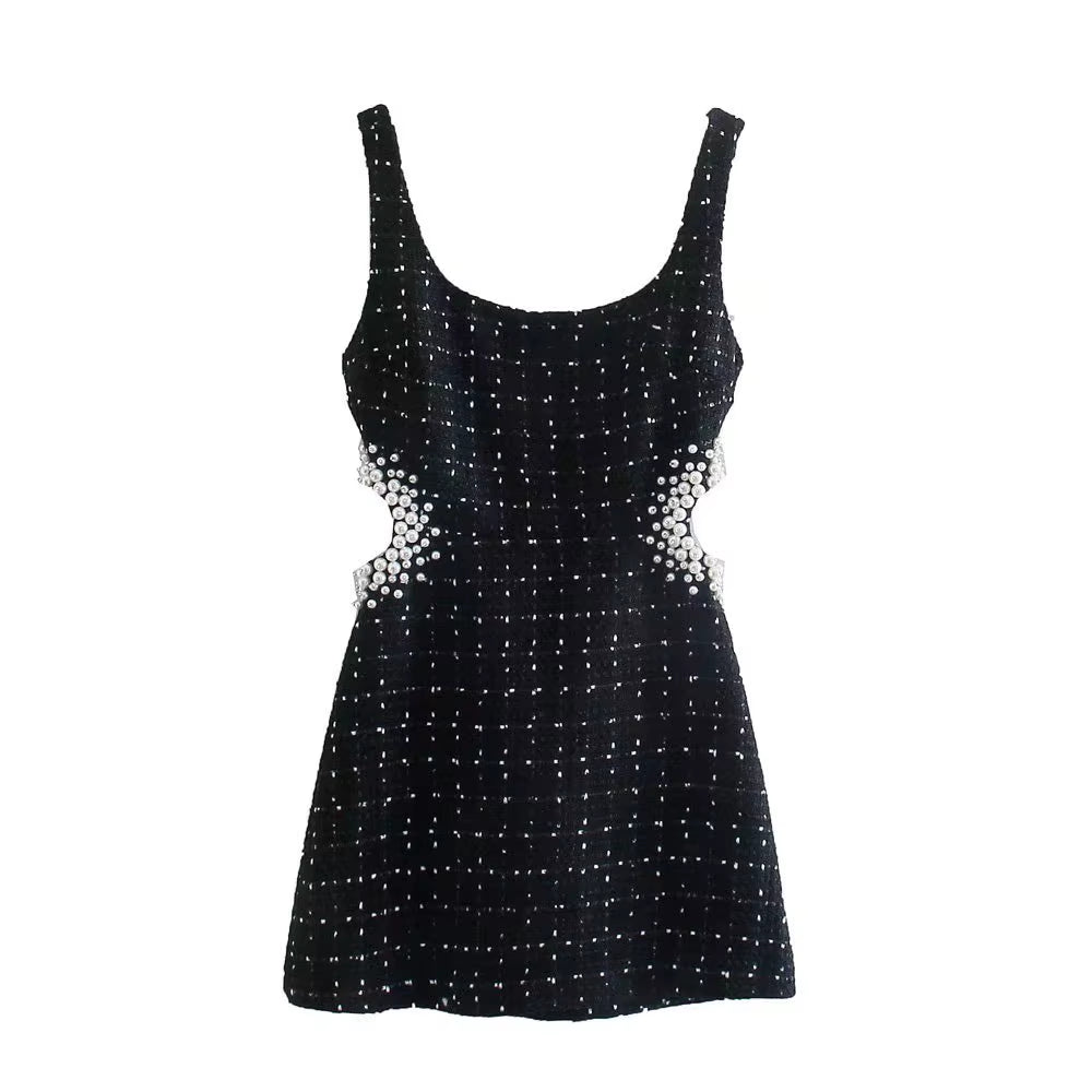 Tweed Dress Women Sexy Bodycon Slip Dress for Women 2021 Vintage Black Casual Women Clothing Hollow Out Waist Mini Dresses