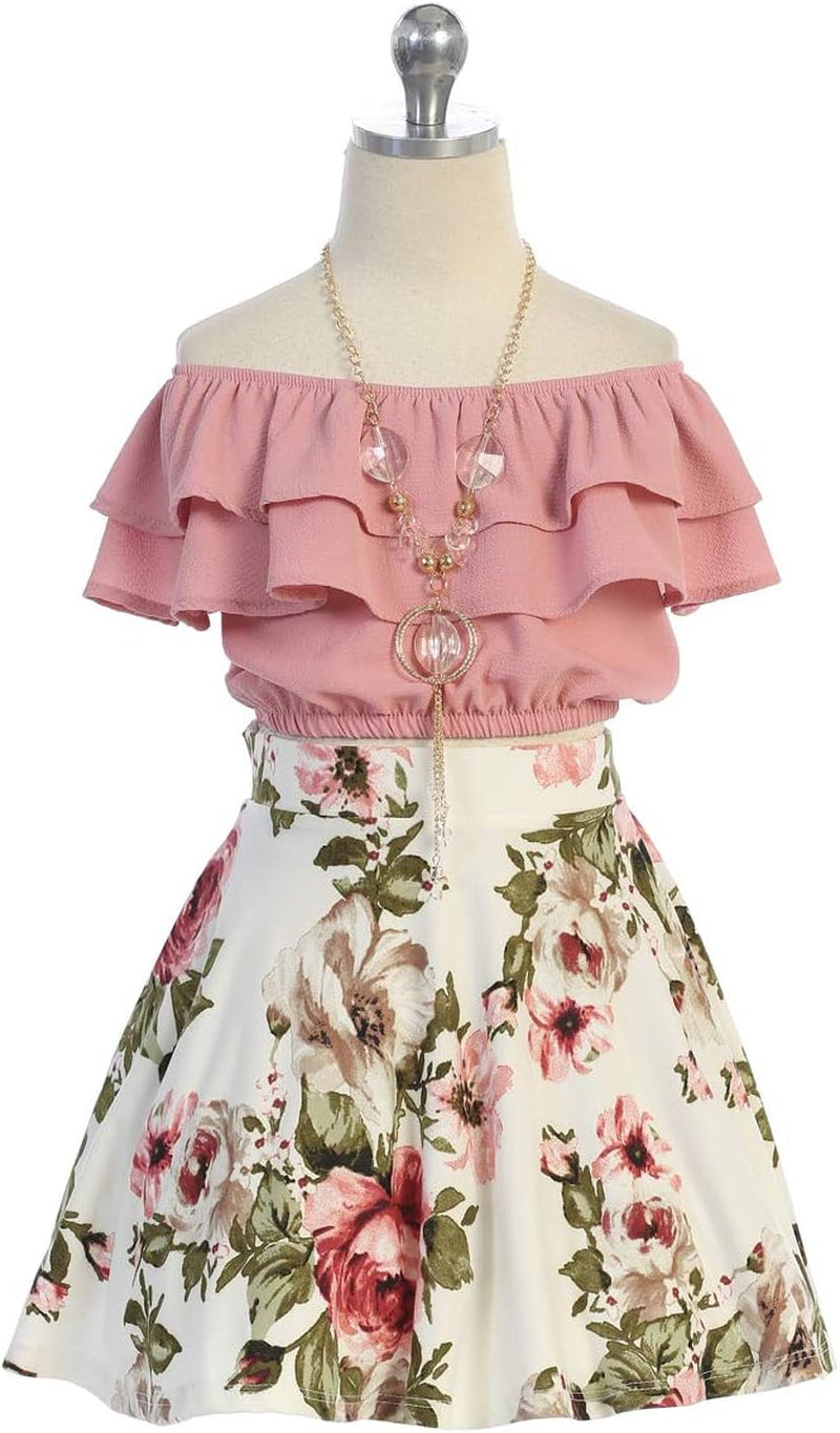 Girls off Shoulder Crop Ruffle Layered Top and Skirt Set Outfit USA 4-14