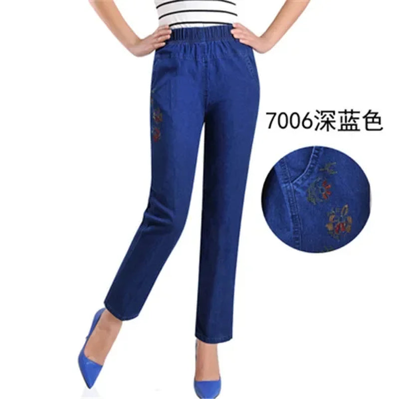 L-5XL Jeans Female Spring Summer New Embroidery Nine Denim Pants Slim High Waist Elasticity Casual Women Cowboy Pants H450