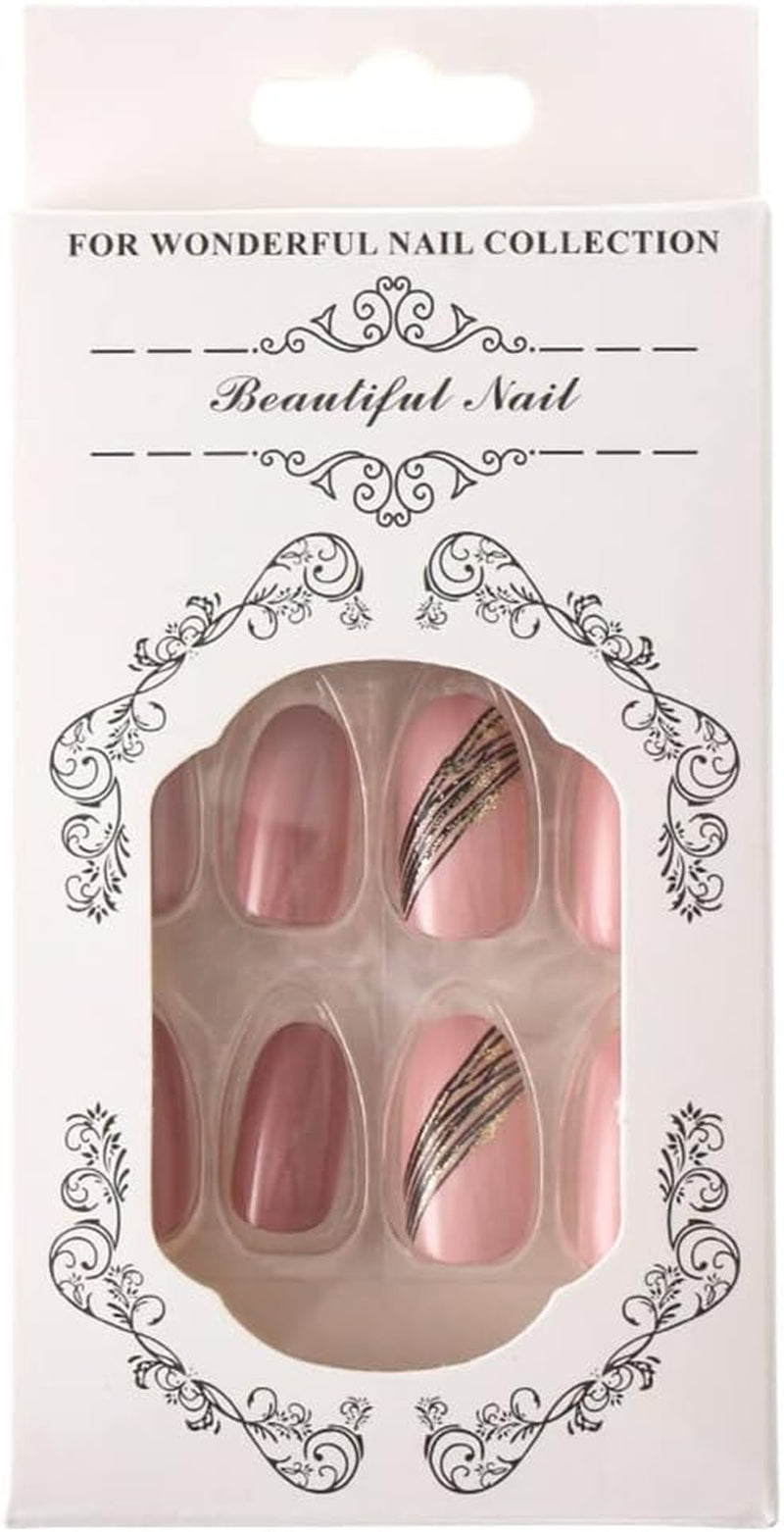 Almond Oblique Gold Thread French Designs 24 Pcs Cute Pointed Oval Shape Press on Nails Pink Full Coverage Short Length Fake False Nails, Art for Women and Girls Stick on Nails