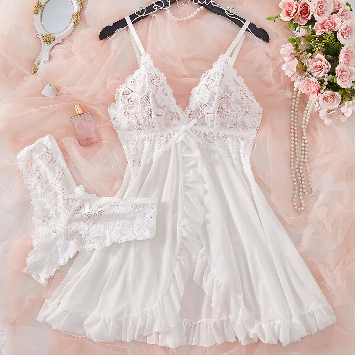 Romantic White Sexy Lingerie Women'S Underwear See through Sleepwear Lace Nightdress and Panty Pijamas Sets Female Sexy Nighty