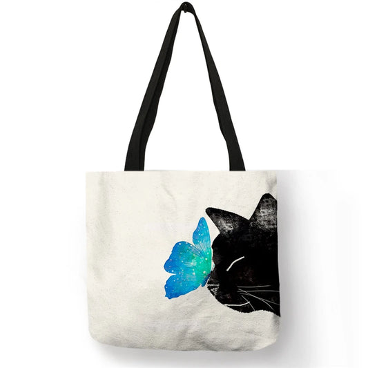 SY0114 Cute Black Cat Print Women Handbags Casual Totes Large Capacity Reusable Shopping Bags School Shoulder Book Storage Bag