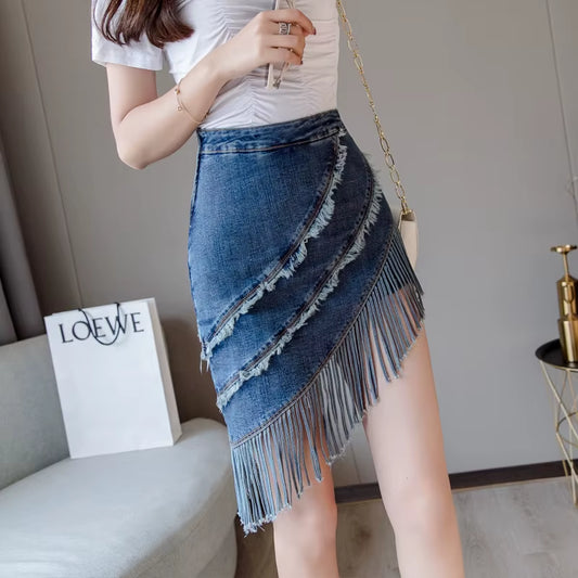 Korean New Tassel Summer Denim Skirt Zipper High Waist Korean Short Skirt Women Mini Jeans Skirt Sexy Warp Vintage Skirts