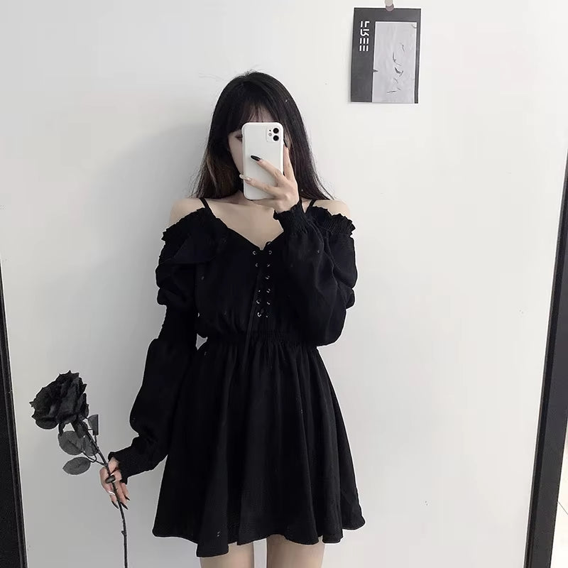 Women Dress M-4XL Lace up Black Autumn 2024 Sexy High Waist Femme Dresses off Shoulder Long Sleeve Gothic Clothes