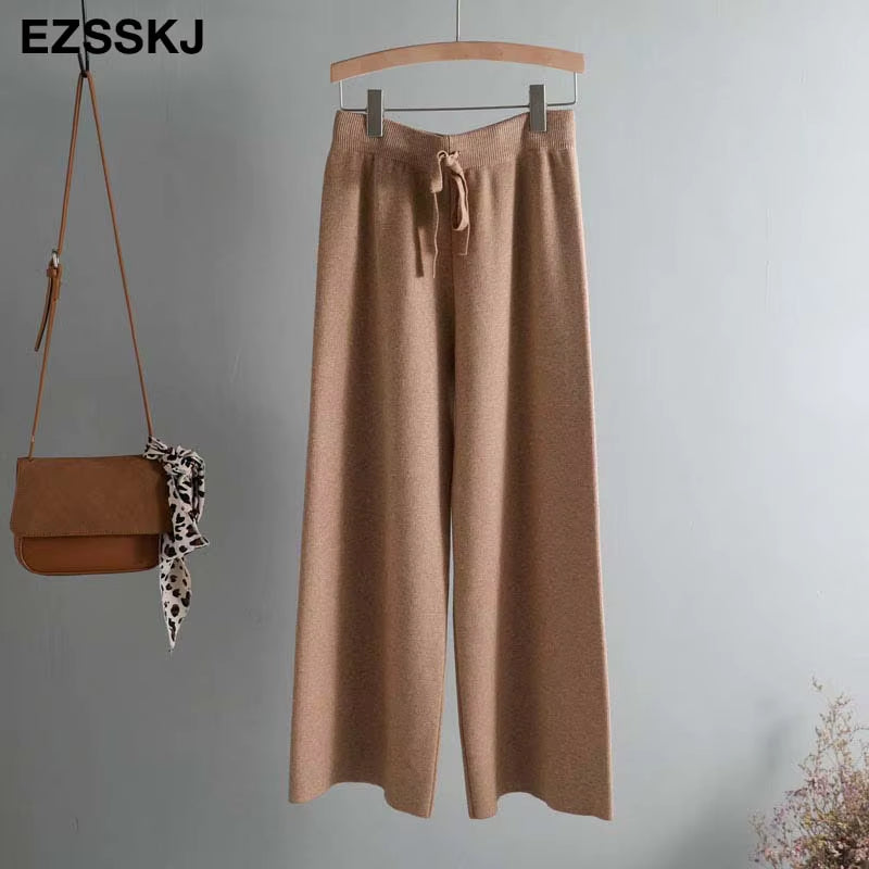 2020 Autumn Winter New THICK Casual Straight Pants Women Female Drawstring Loose Knitted Wide Leg Pants Casual Trousers