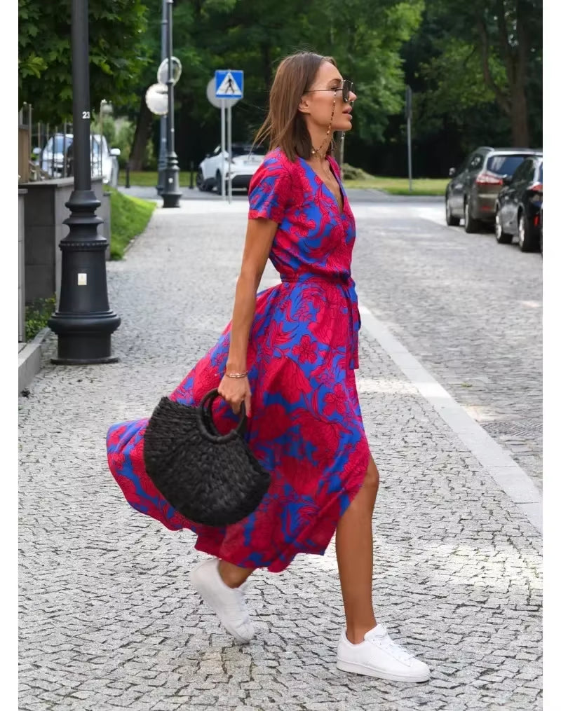 Summer Women'S New V-Neck Floral Printed Mid-Length Dress Split Vacation Style Fashion Long Dresses
