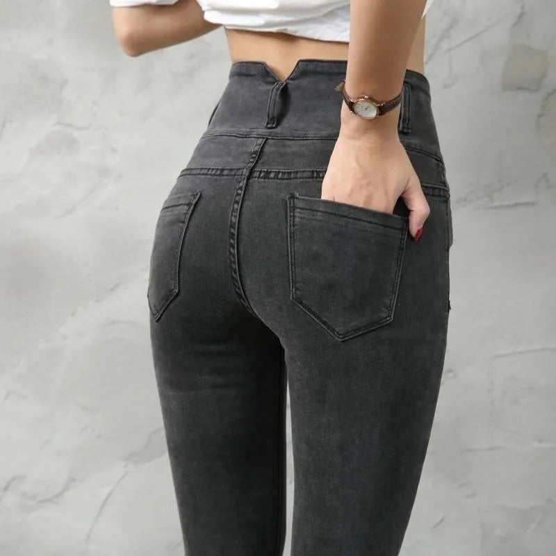 New High Waist Velvet Thick Jeans Female Winter Skinny Stretch Warm Jeans Pants Mom Black Denim Trousers with Fleece Pants P125