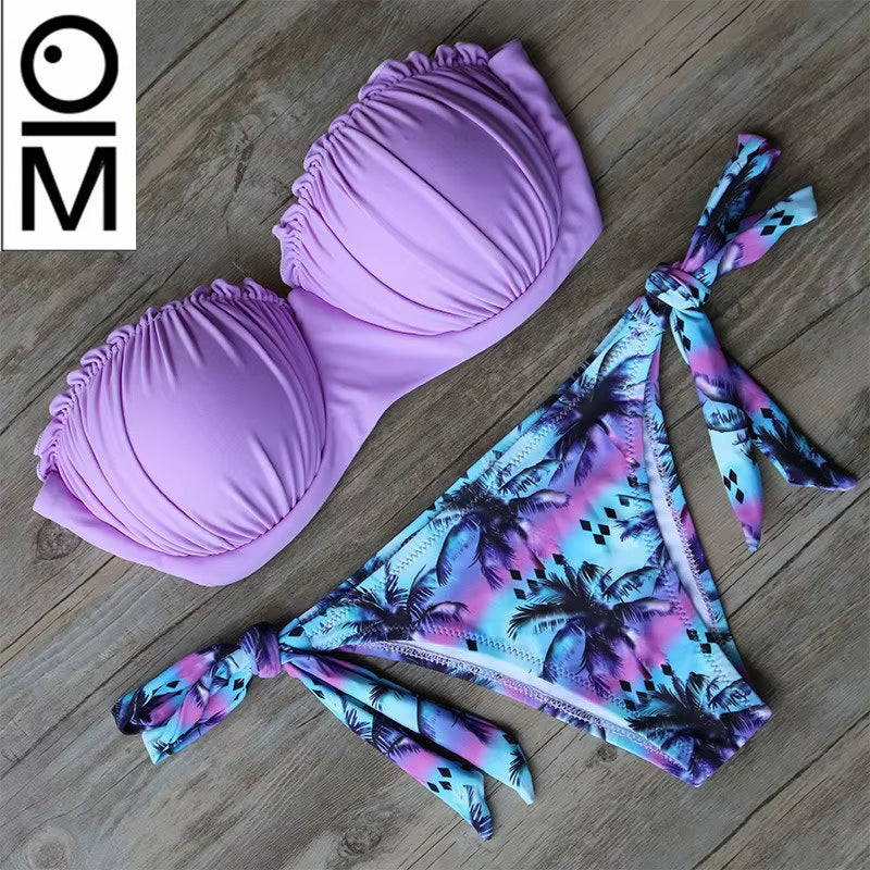 Women Swimsuit Frilled Textured Strapless Bikini Set Women'S Swimwear Padded Low Waist Ruffle Bandeau Bikini Short Swimming Suit