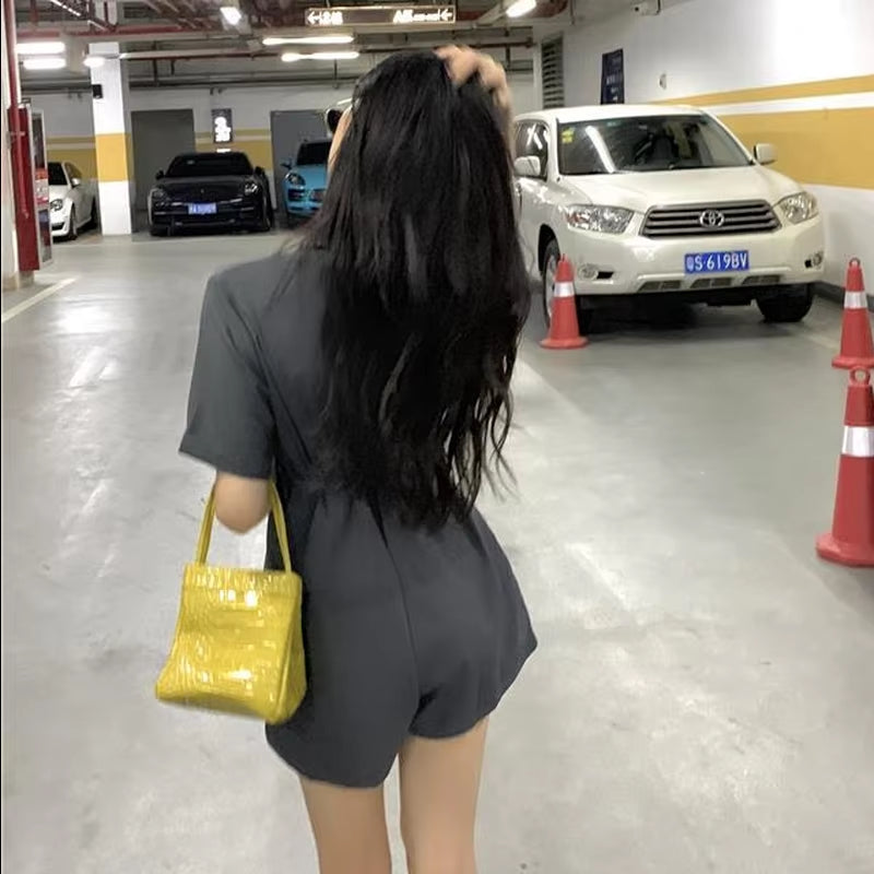 Playsuits Women Buttons High Waist Office Female Turn-Down Collar Korean Style Vintage Solid Streetwear Leisure Elegant Clothes